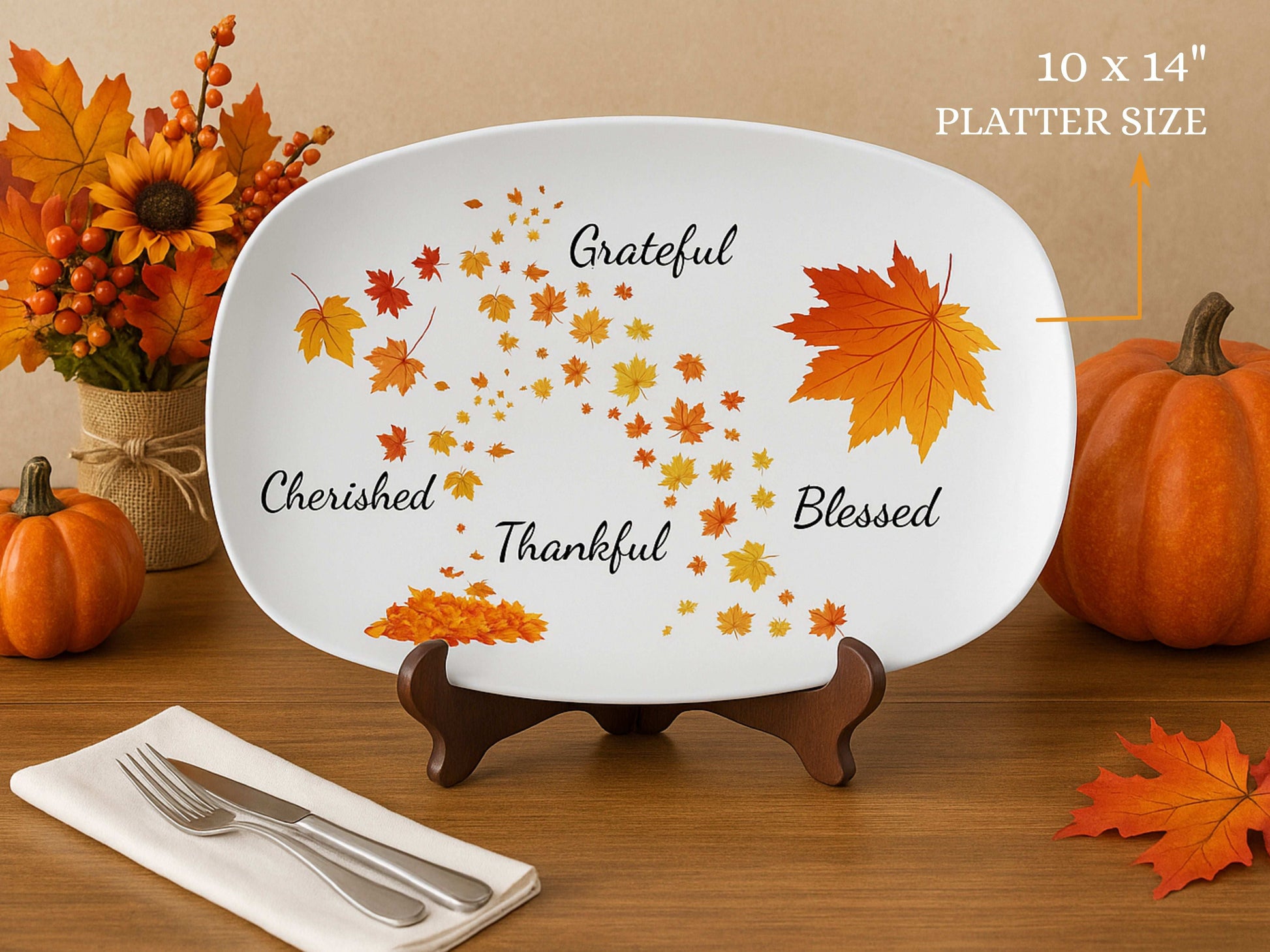 Thanksgiving Serving Platter 10x14 – Autumn Leaves Grateful Blessed Thankful