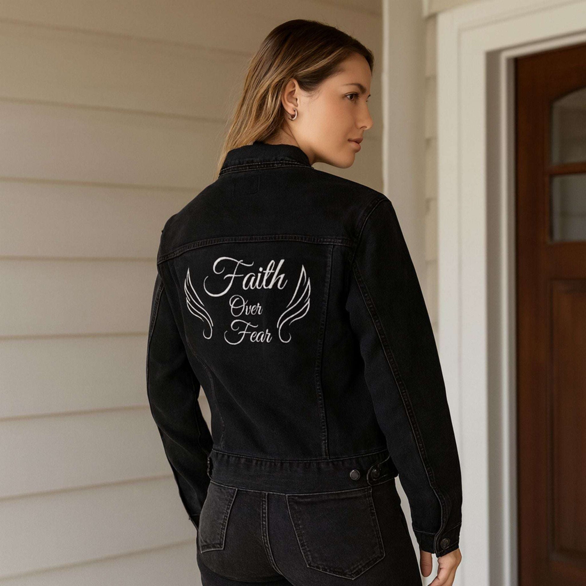 Embroidered Faith Over Fear Women's Denim Jacket