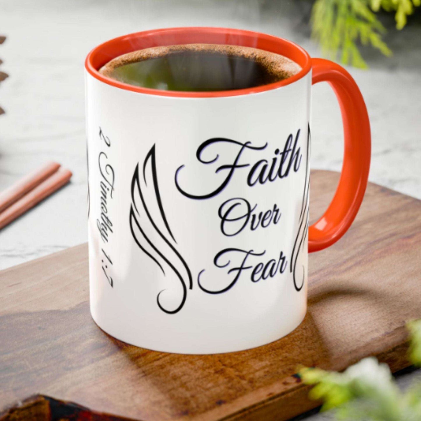 Faith Over Fear Two-Tone Coffee Mug – Wings Design, Christian Inspirational Gift