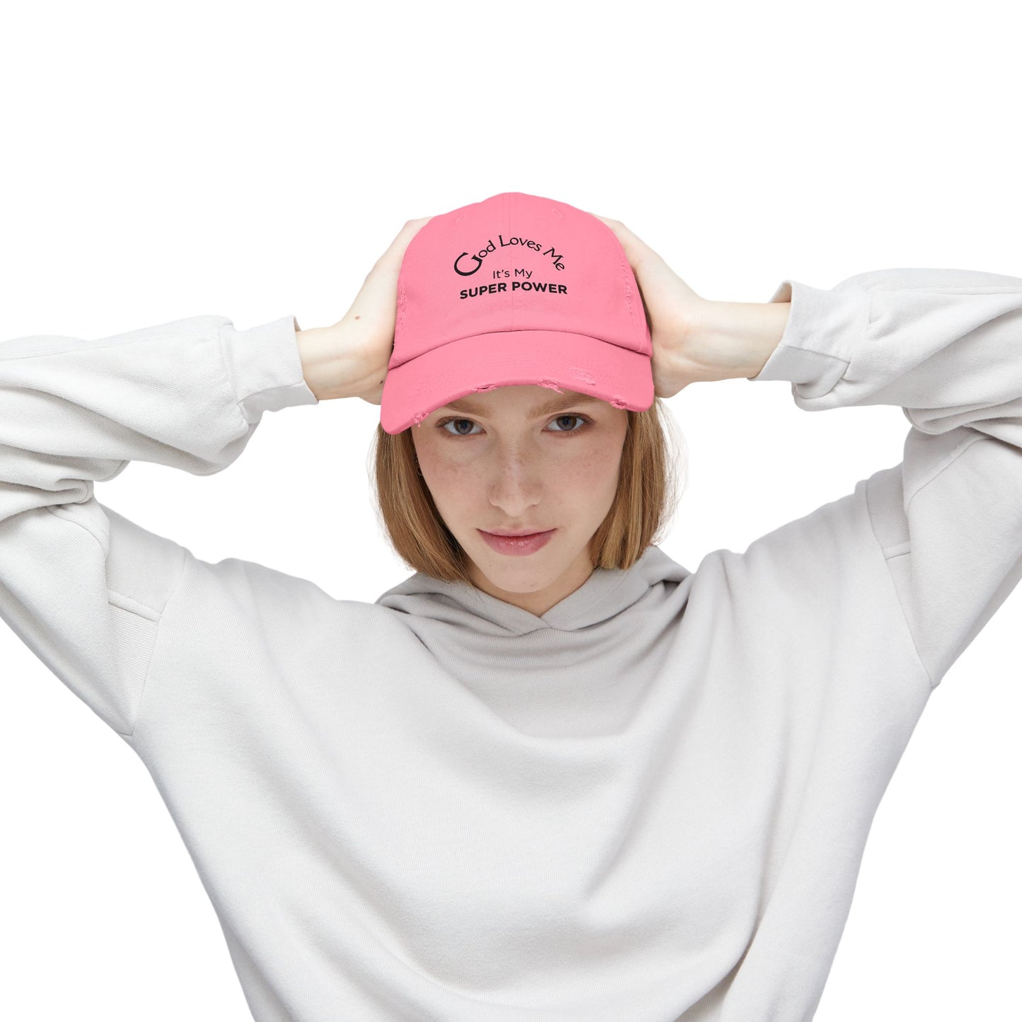 God Loves Me Super Power Cap – Distressed Christian Baseball Hat