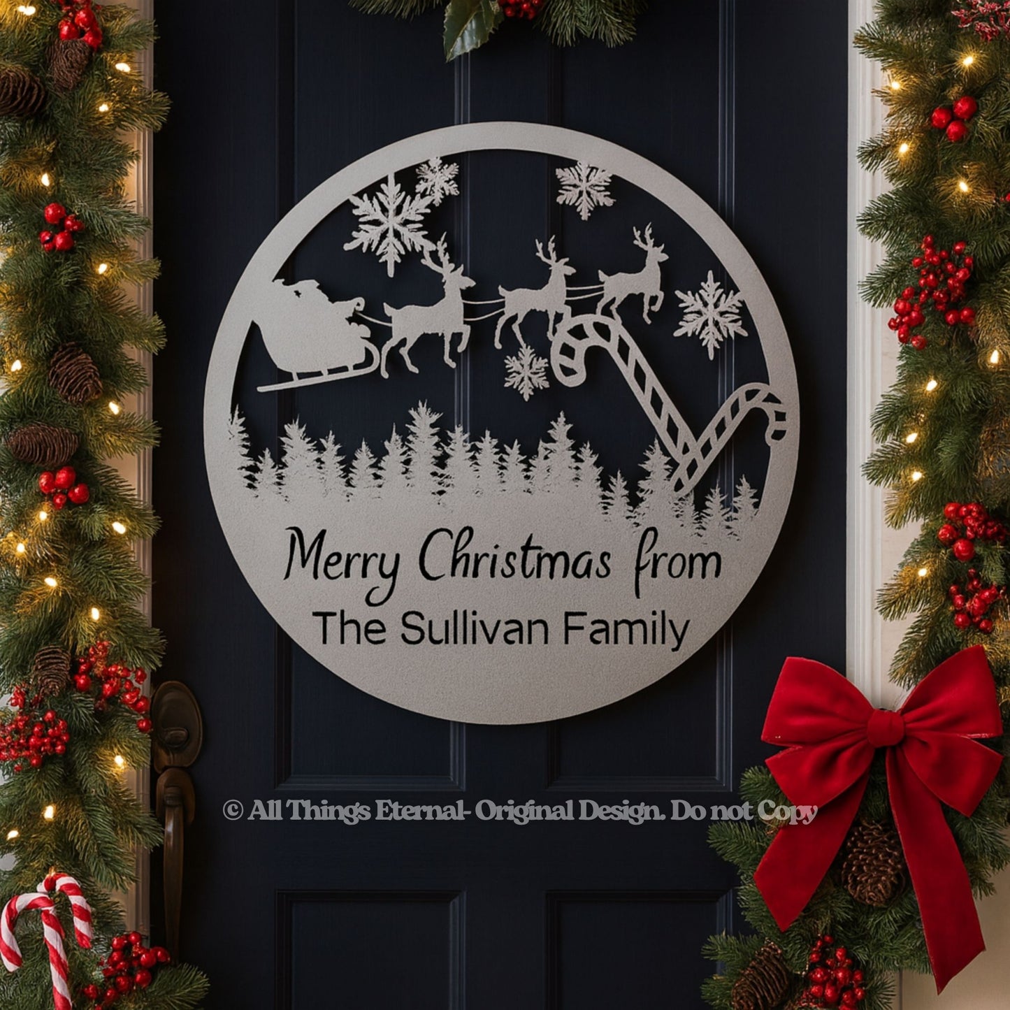 Personalized Family Name Christmas Metal Sign – Santa Sleigh Home Decoration