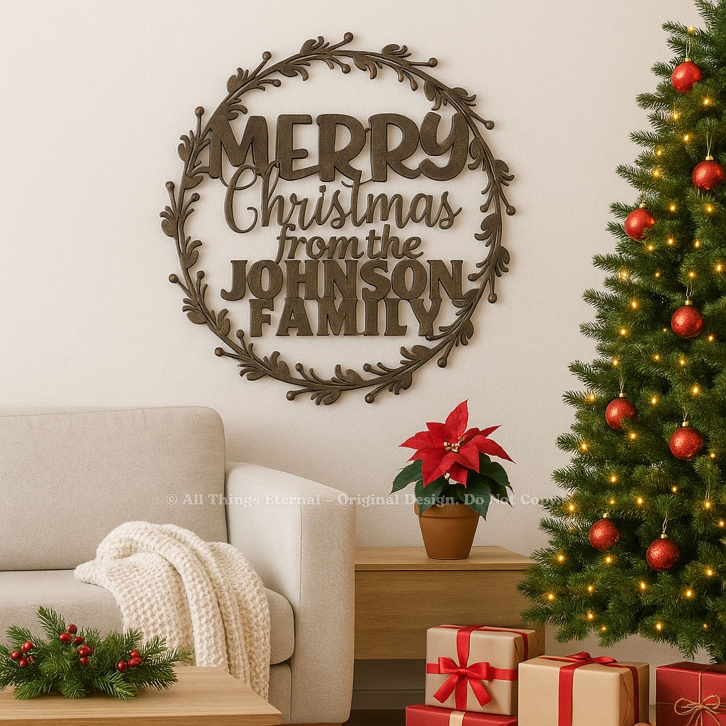 Personalized  Round  Wreath Merry Christmas Metal Sign