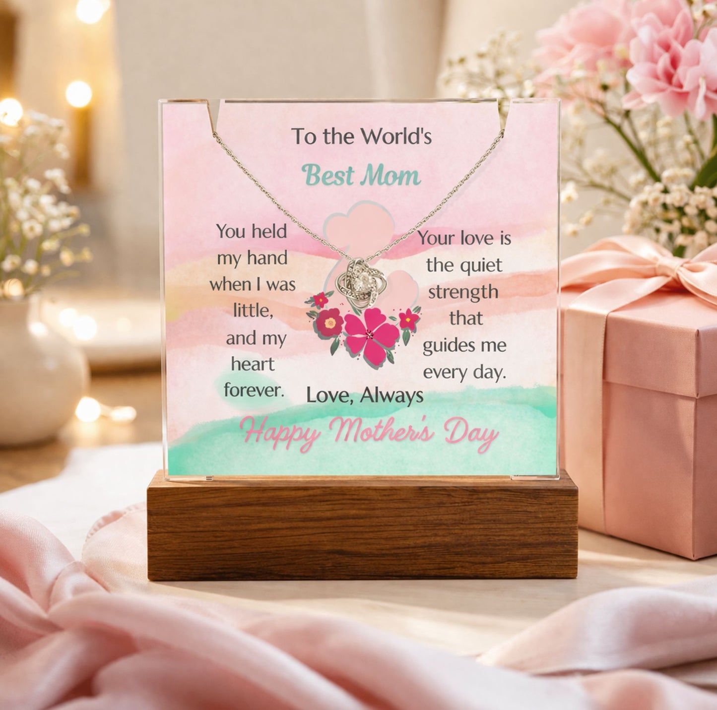 To The World's Best Mom Love Knot Necklace Acrylic Plaque Mother's Day Gift