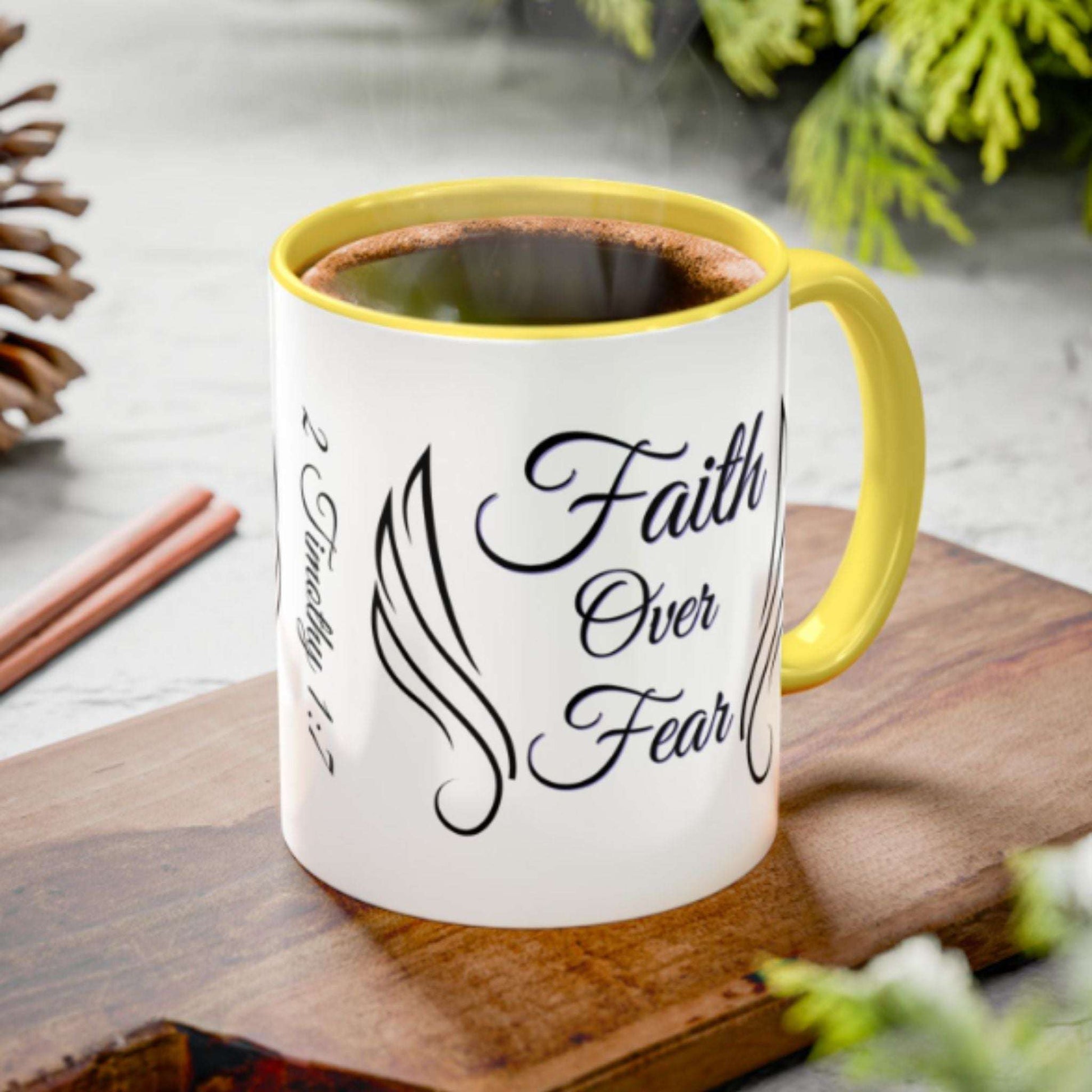 Faith Over Fear Two-Tone Coffee Mug – Wings Design, Christian Inspirational Gift