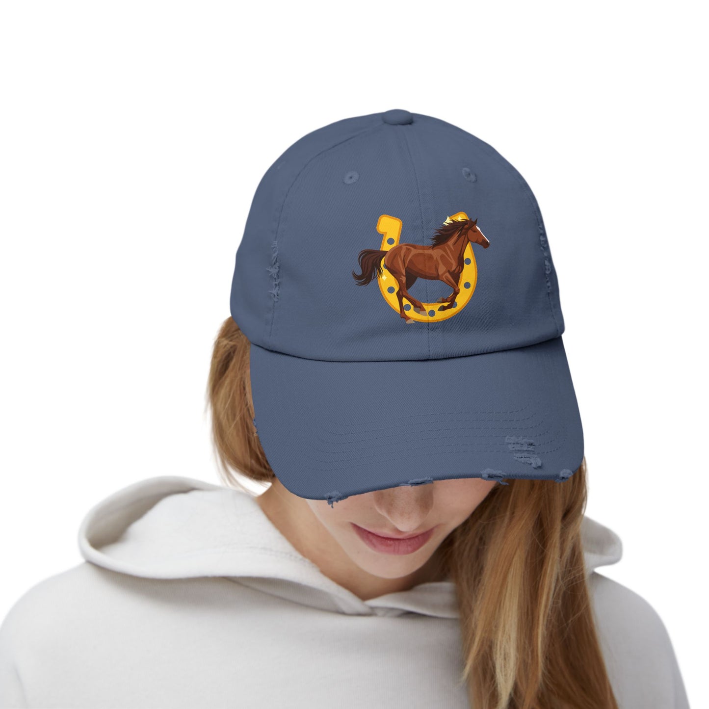 Lucky Horse Horseshoe Cap — Distressed Baseball Hat for Equestrian Fans