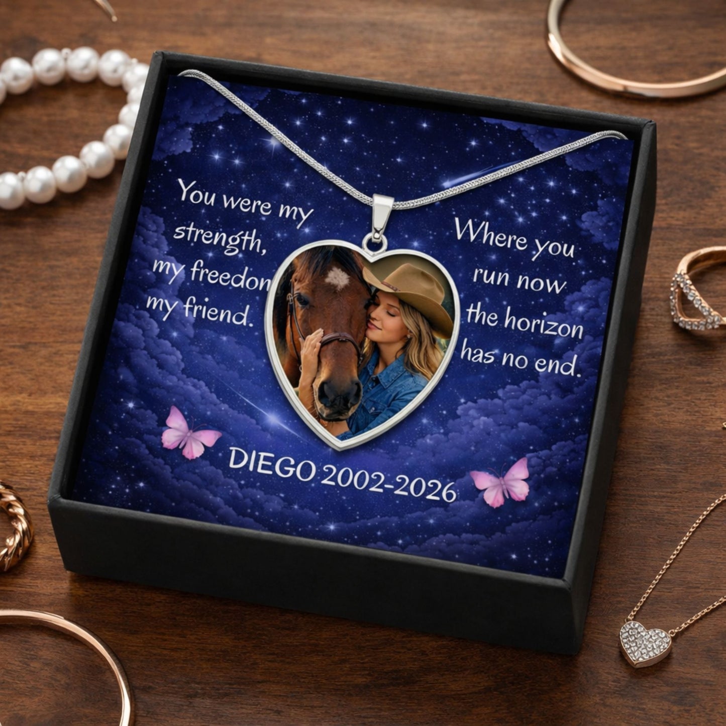 Custom Horse Memorial Photo Heart Necklace with Heartfelt Message Card Gift