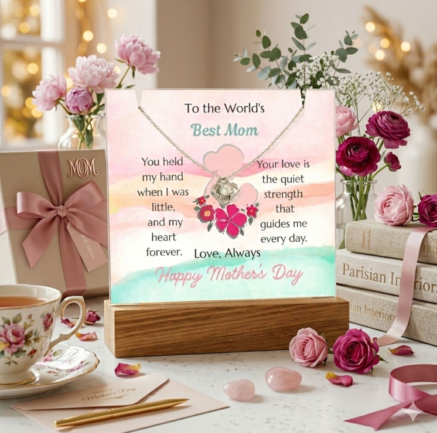 To The World's Best Mom Love Knot Necklace Acrylic Plaque Mother's Day Gift