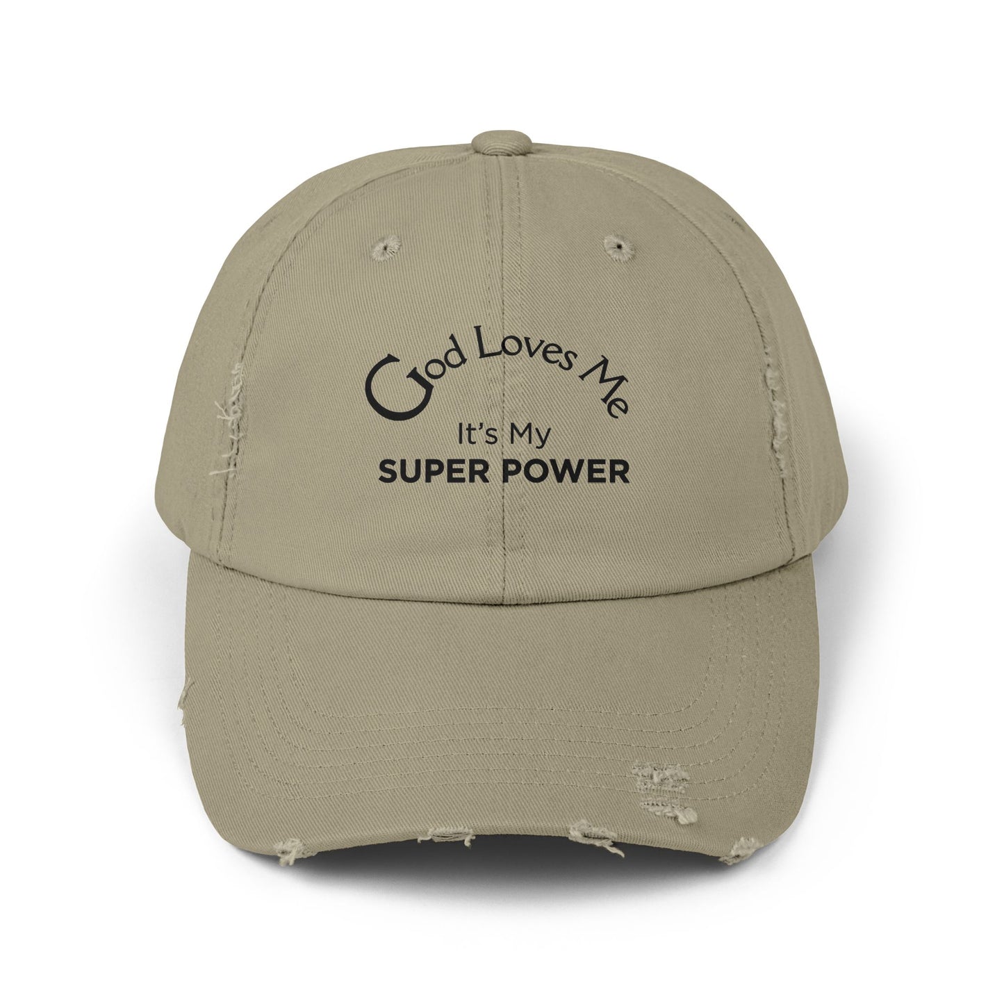 God Loves Me Super Power Cap – Distressed Christian Baseball Hat