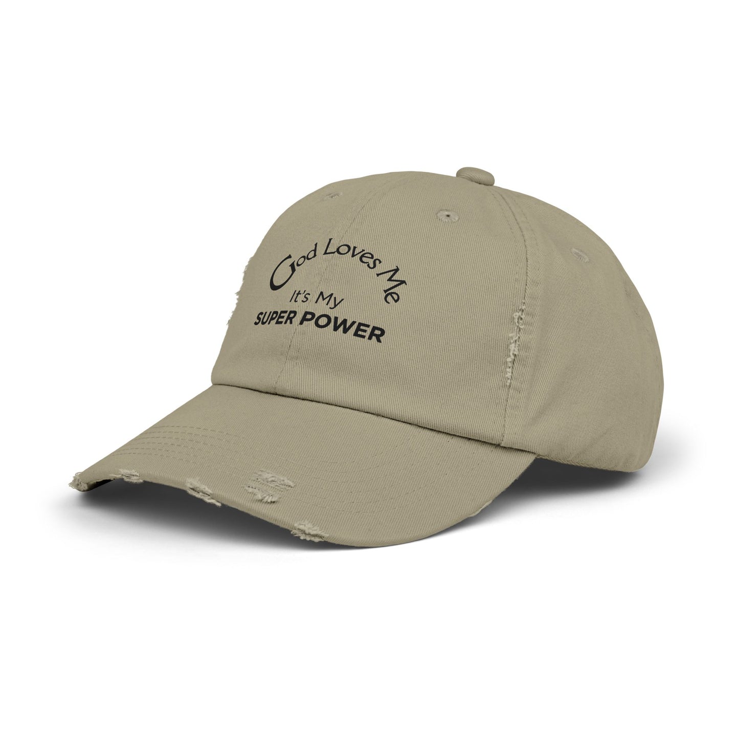 God Loves Me Super Power Cap – Distressed Christian Baseball Hat
