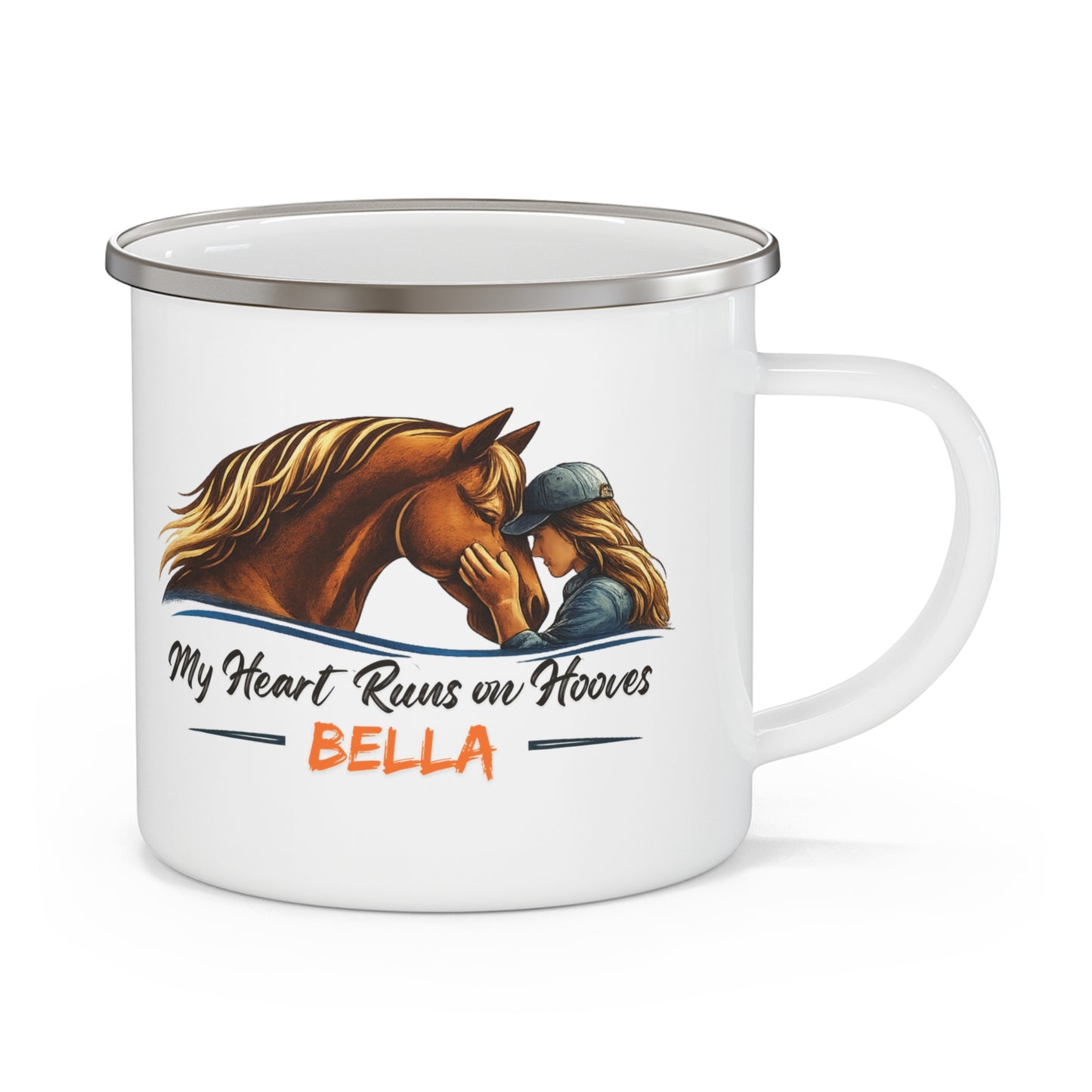 Personalized Enamel Mug | My Heart Runs on Hooves Horse Camping Cup for Woman
