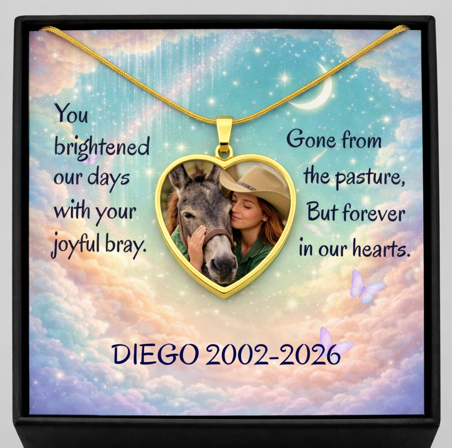 Personalized Donkey Memorial Photo Heart Necklace – Custom Jewelry Gift