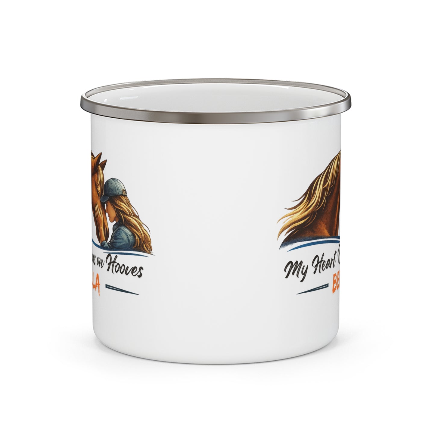 Personalized Enamel Mug | My Heart Runs on Hooves Horse Camping Cup for Woman