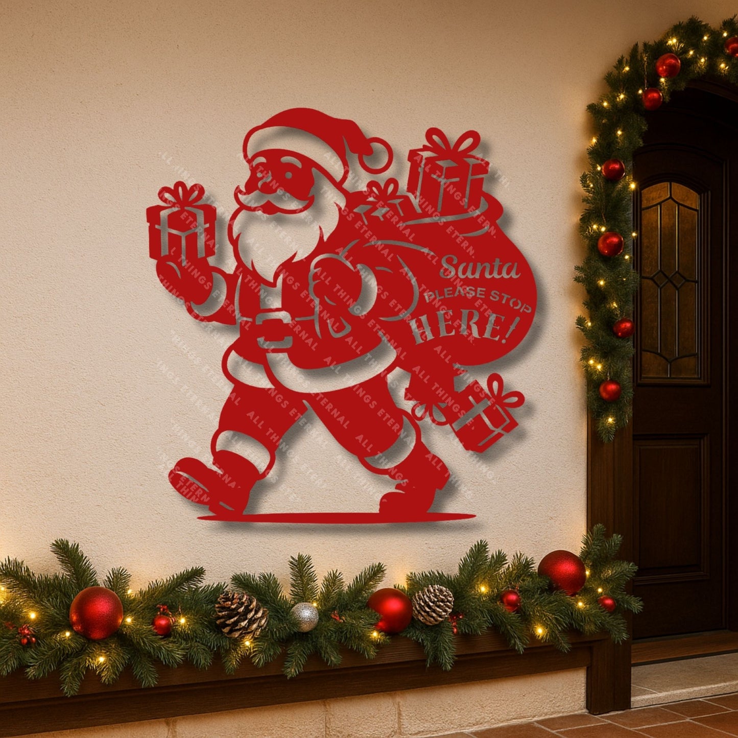 Santa Please Stop Here Metal Yard Sign | Christmas Garden Decor