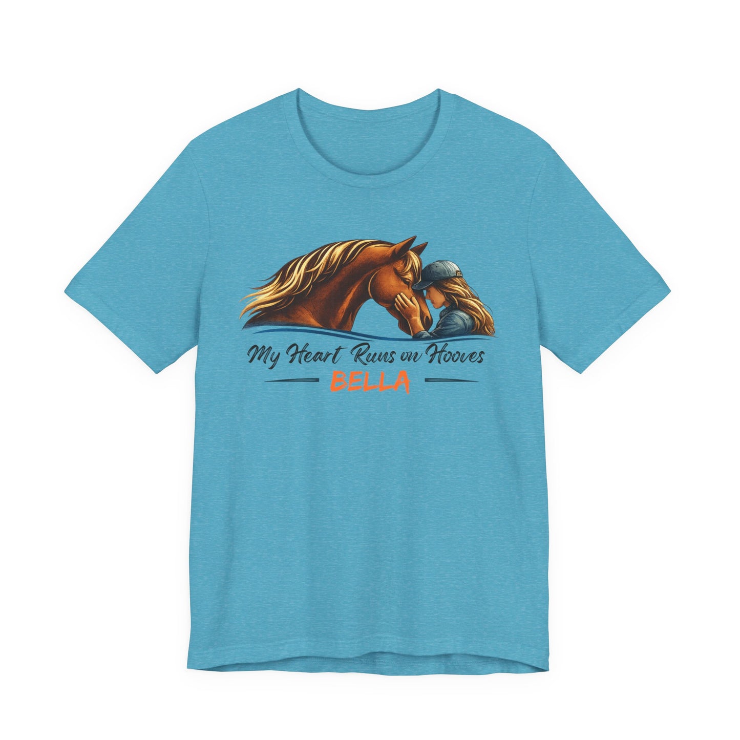 Horse Lover T‑Shirt - My Heart Runs on Hooves Personalized Bella Tee