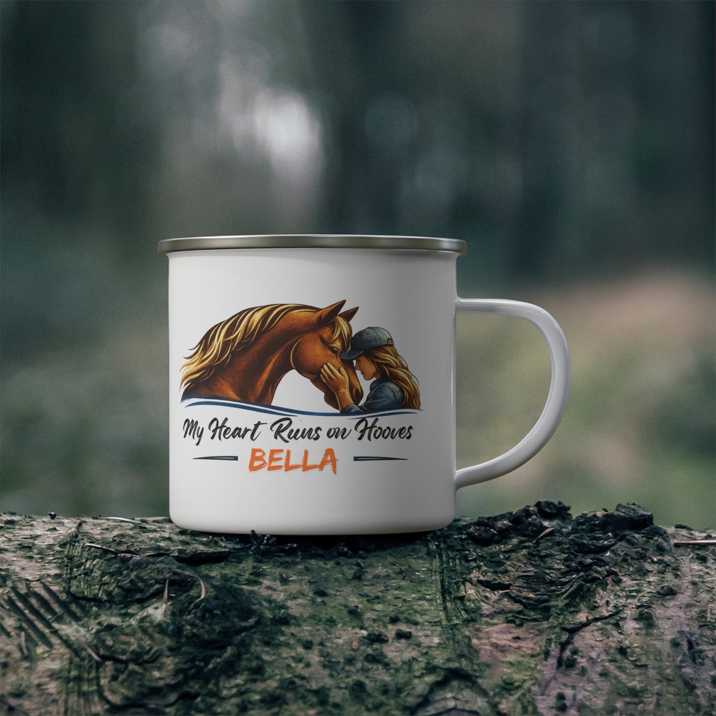 Personalized Enamel Mug | My Heart Runs on Hooves Horse Camping Cup for Woman