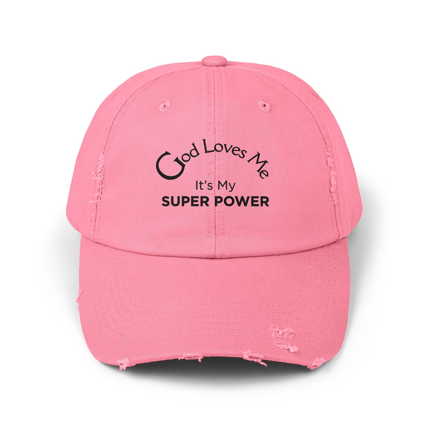 God Loves Me Super Power Cap – Distressed Christian Baseball Hat