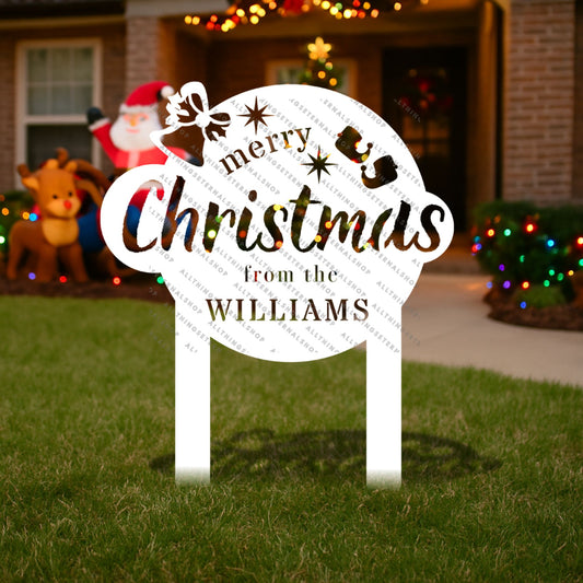 Merry Christmas Metal Yard Stake – Custom Family Name Outdoor Sign