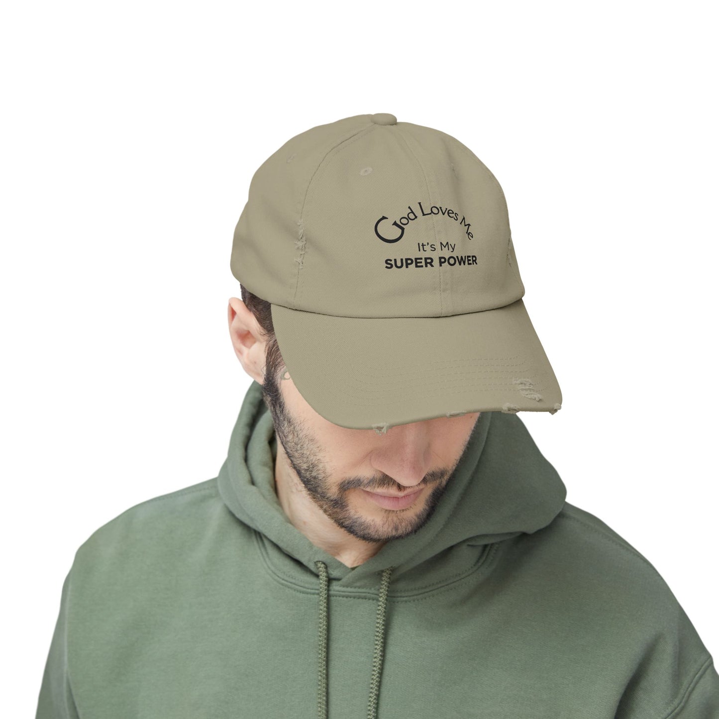 God Loves Me Super Power Cap – Distressed Christian Baseball Hat