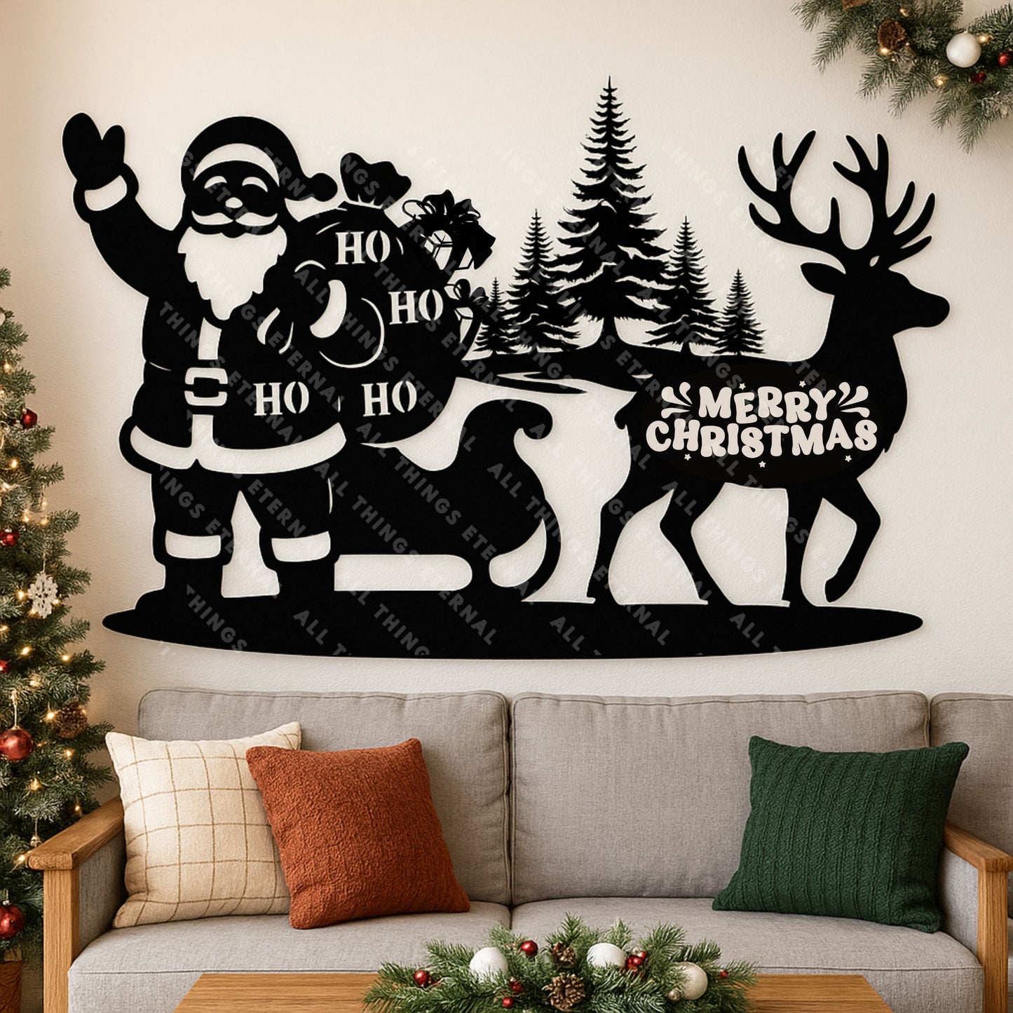 Santa & Reindeer Metal Wall Sign – Rustic Christmas Home Decor
