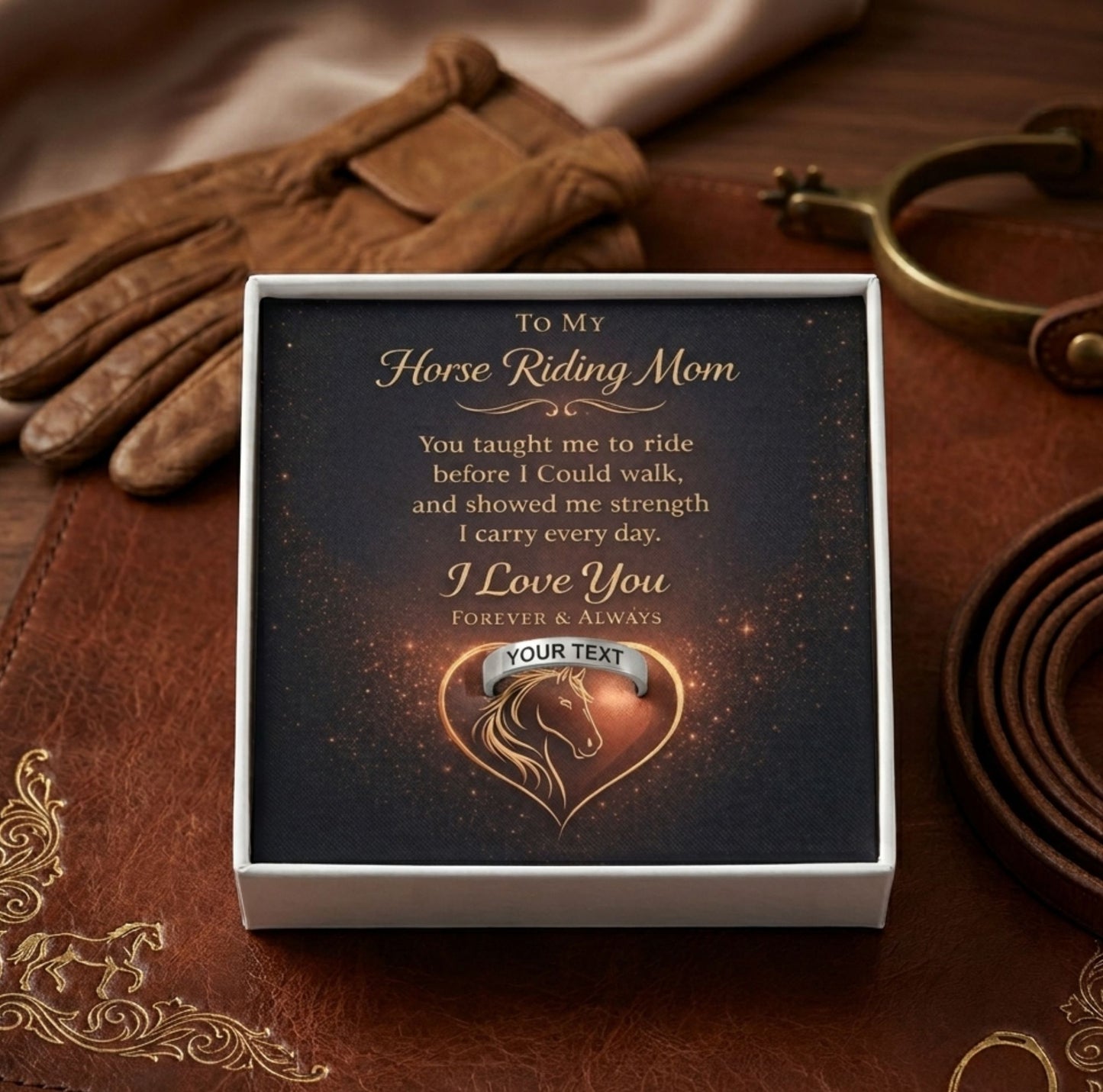 Horse Riding Mom Engraved Ring with Message Card Personalized Gift