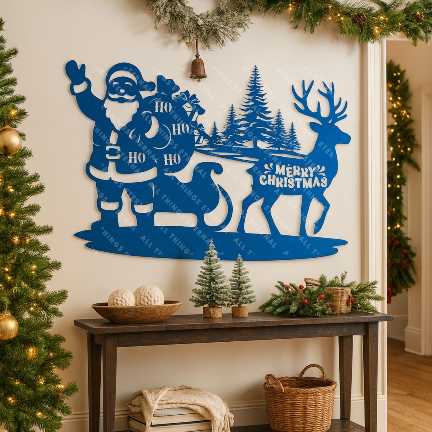 Santa & Reindeer Metal Wall Sign – Rustic Christmas Home Decor