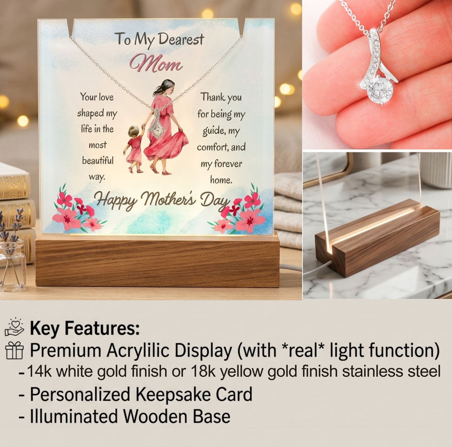 To My Dearest Mom Alluring Beauty Necklace Acrylic Plaque Mother's Day Gift