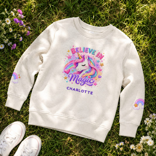 Personalized Believe in Magic Unicorn Toddler Crewneck Sweatshirt