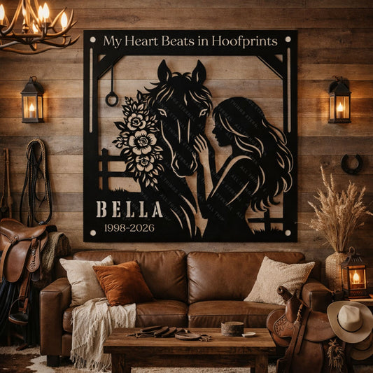 Personalized Horse Memorial Metal Sign – My Heart Beats in Hoofprints, Equestrian Wall Art Gift