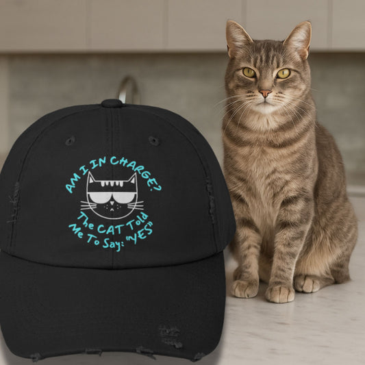 Funny Cat Hat – Distressed Black Baseball Cap, “Am I In Charge?” Cat Lover Gift