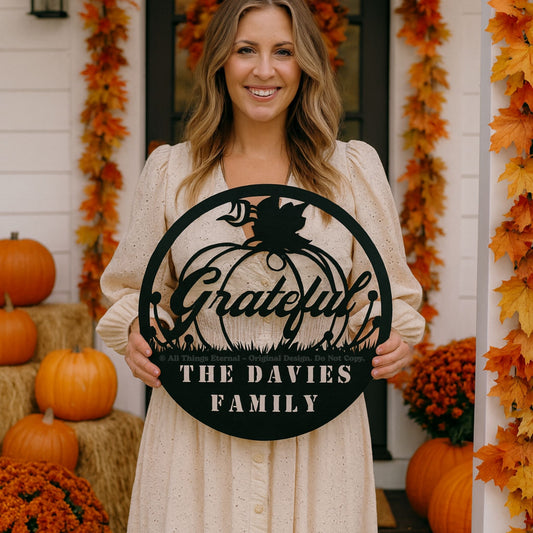 Personalized Pumpkin Grateful Metal Wall Art – Fall & Thanksgiving Decor