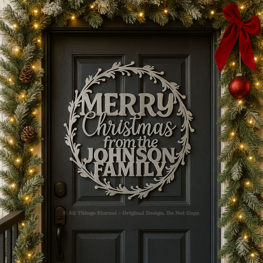Personalized  Round  Wreath Merry Christmas Metal Sign