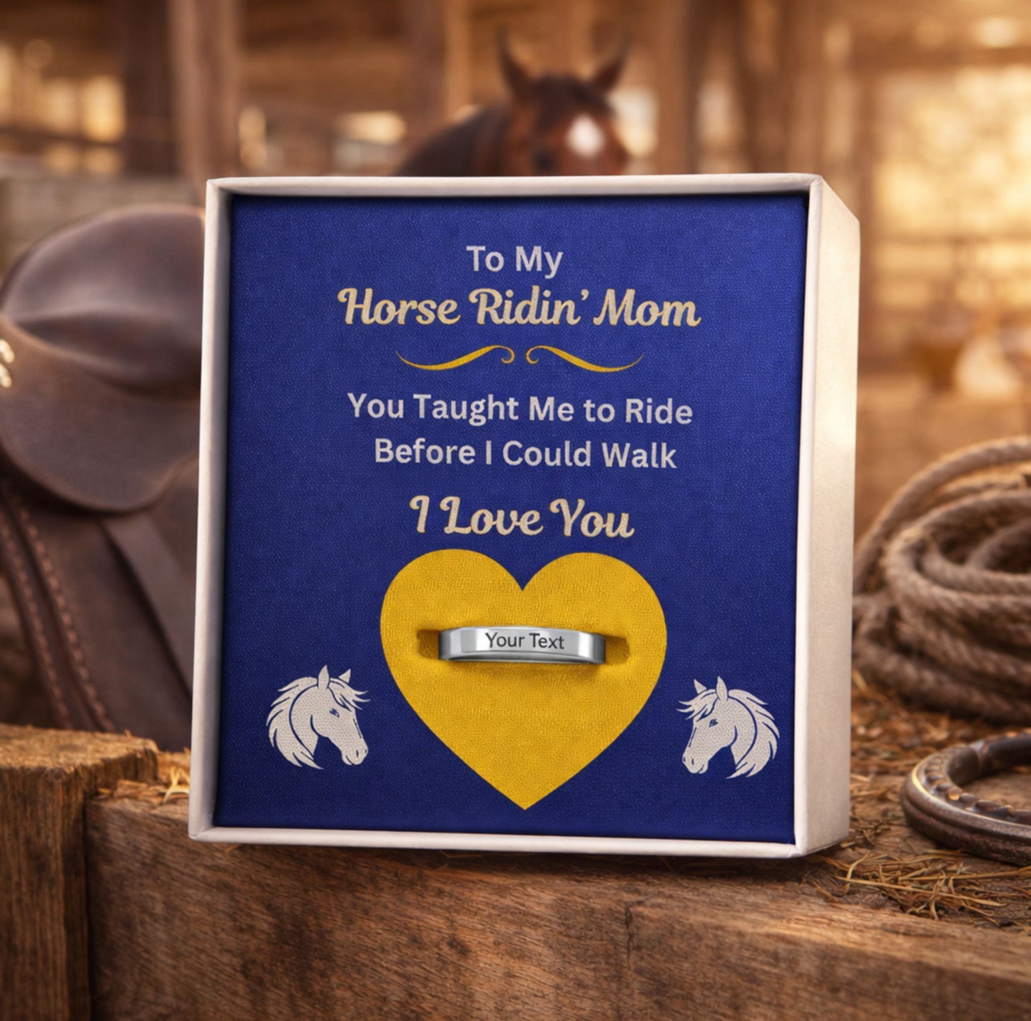 Horse Mom Personalized Engraved Ring with Message Card Gift