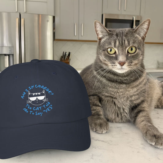 Distressed Cat Baseball Cap – Funny Unisex Hat “Am I In Charge?”