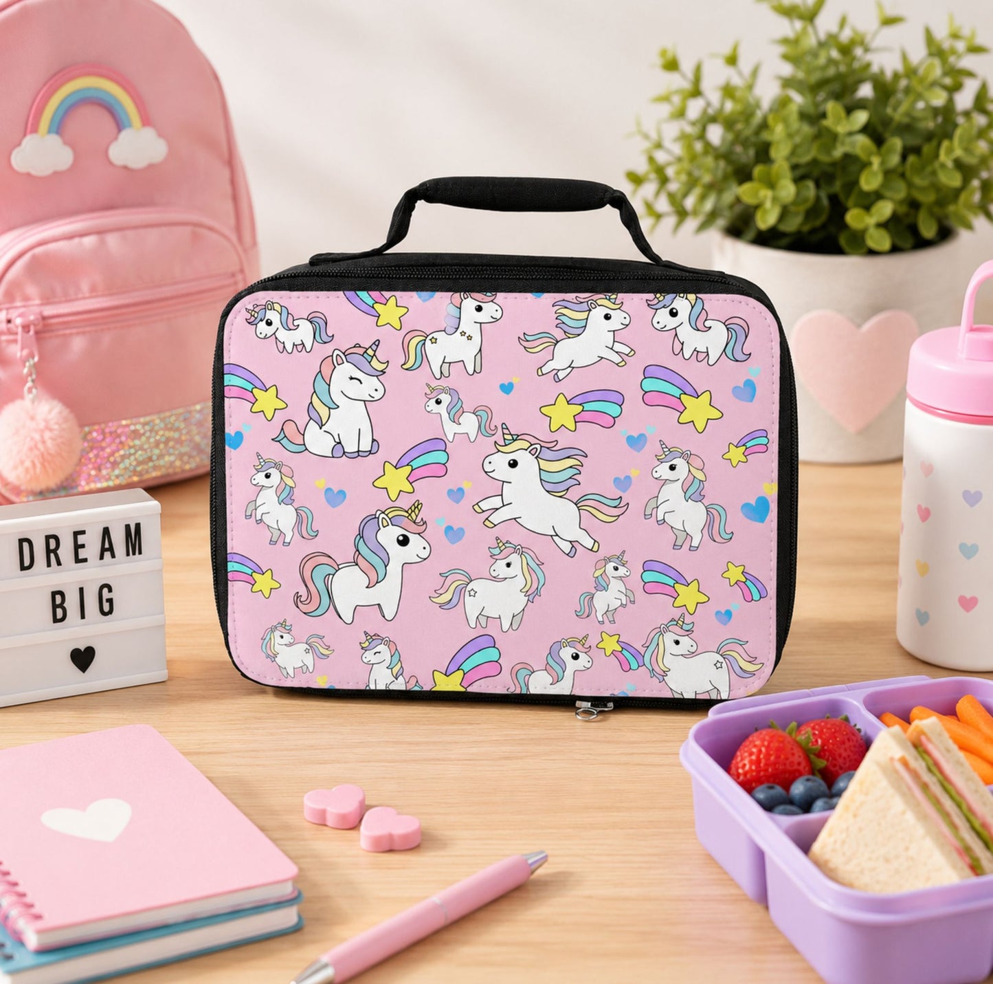 Stay Magical Unicorn Pattern Lunch Bag | Rainbow Stars Kids Lunch Tote