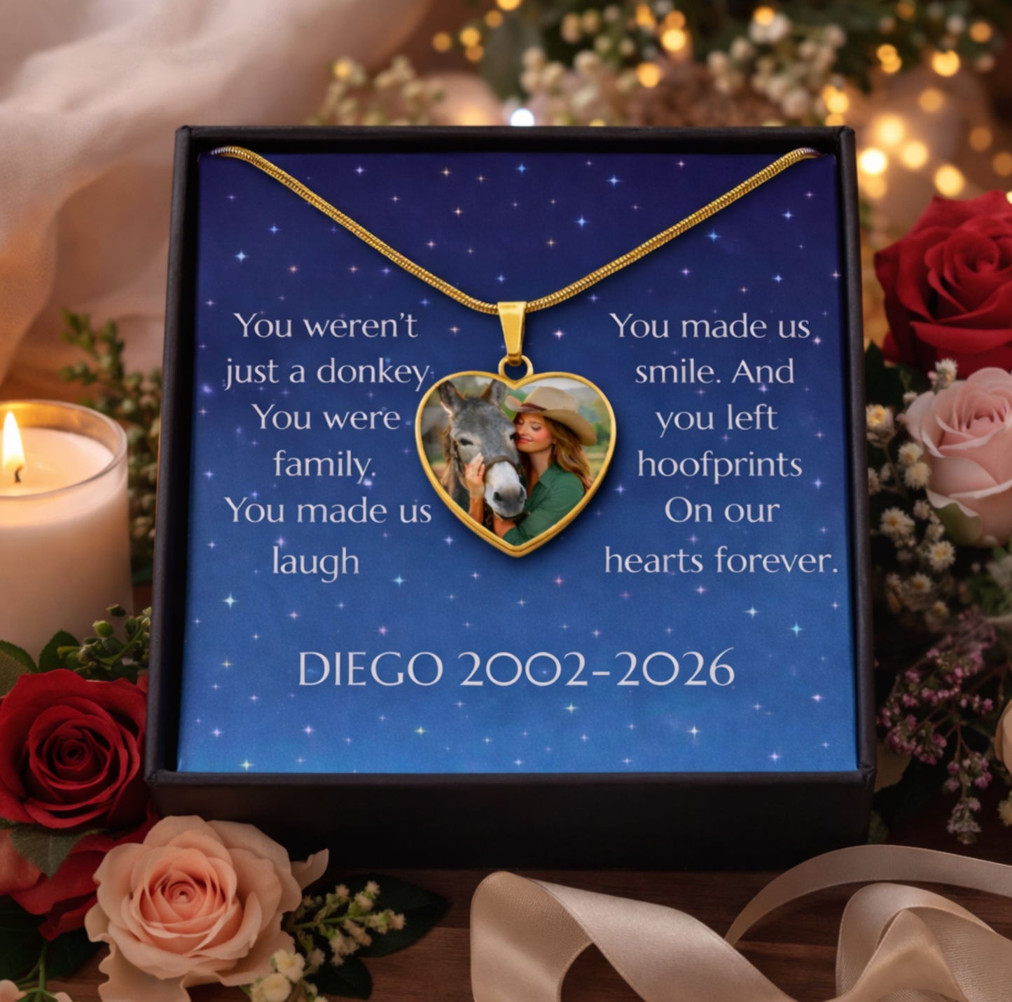 Custom Donkey Memorial Photo Heart Necklace with Message Card Gift