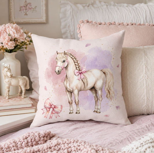 White Pony Watercolor Throw Pillowcase — Cute Horse Decorative Cushion Cover for Kids’ Room
