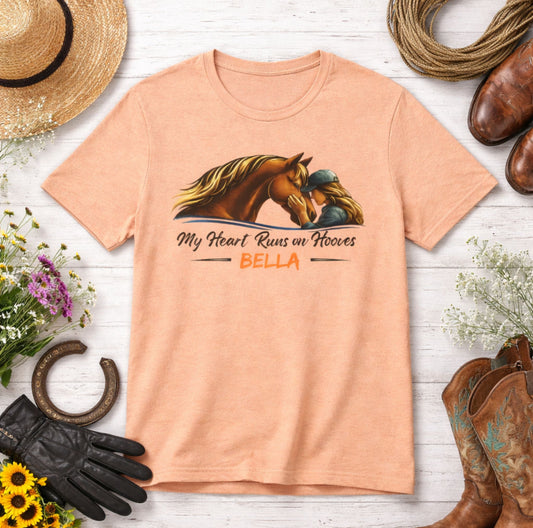 Horse Lover T‑Shirt - My Heart Runs on Hooves Personalized Bella Tee