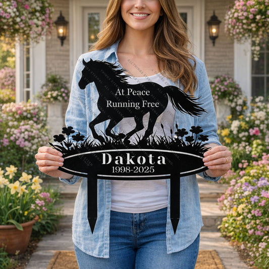Horse Memorial Metal Garden Stake – Custom Running Horse Tribute Sign with Name & Dates