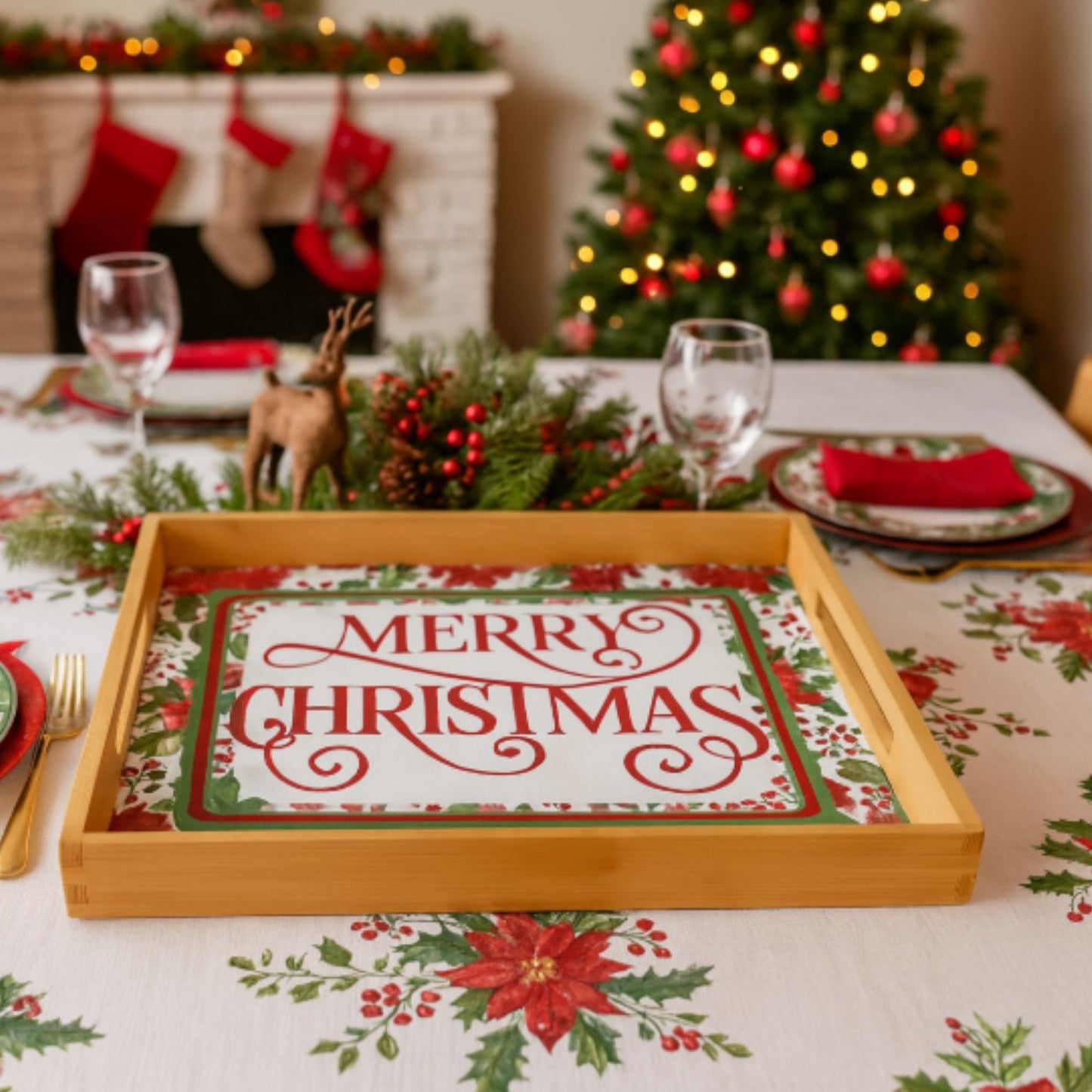 Espresso Black Merry Christmas Serving Tray – Large Wooden Holiday Platter