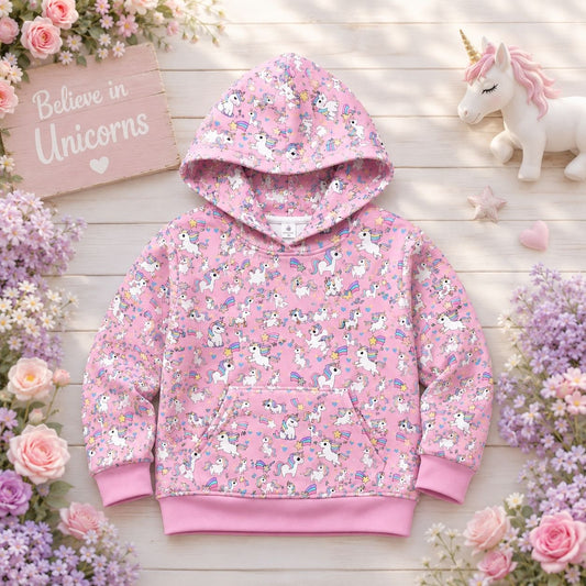 Kids' Unicorn Hoodie — Pink All-Over Print Magical Pony Pullover