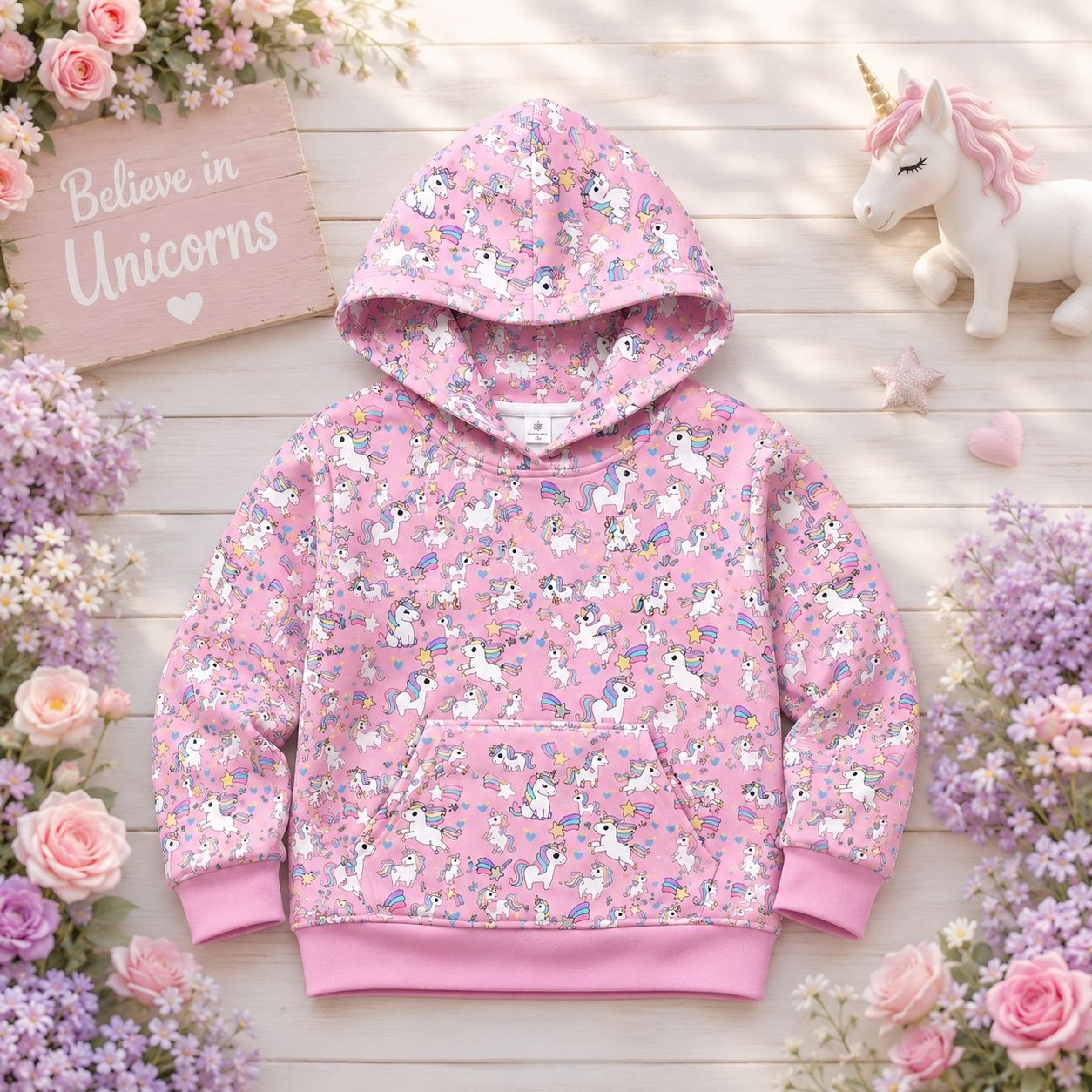 Kids' Unicorn Hoodie — Pink All-Over Print Magical Pony Pullover