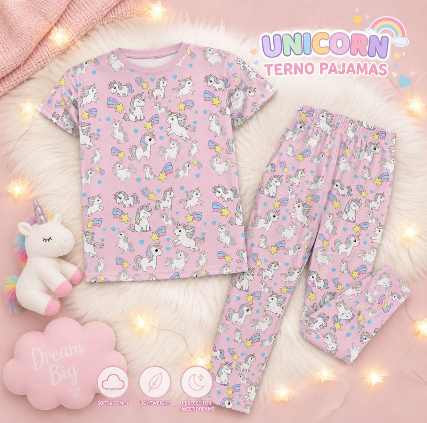 Cute Unicorn All-Over Print Girls Crew Neck Pajama Set