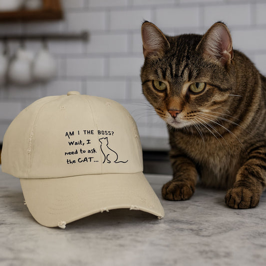 Am I the Boss, Wait, I Need to Ask the Cat Distressed Baseball Cap