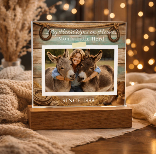 Personalized Donkey Mom Photo Square Acrylic Plaque – My Heart Runs on Hooves With Name & Date