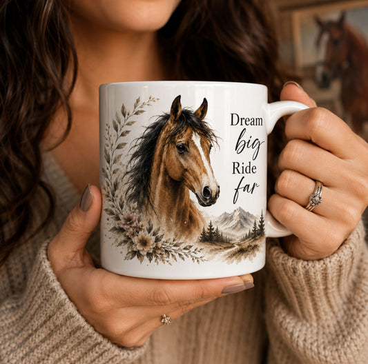 Dream Big Ride Far Horse Mug – Western Equestrian Coffee Cup
