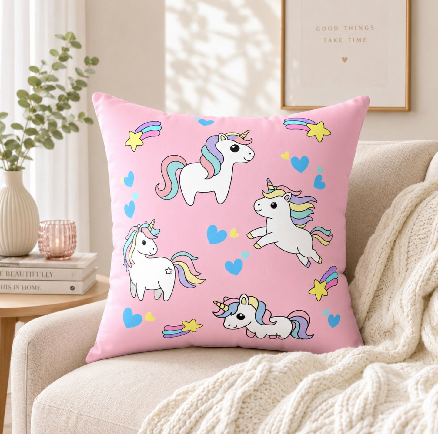 Cute Pastel Unicorn Pillowcase | Pink Kids Decorative Throw Pillow Cover