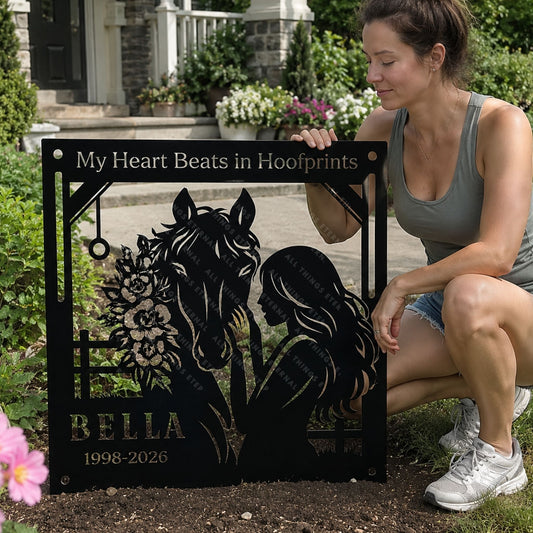 Personalized Horse Memorial Metal Sign – My Heart Beats in Hoofprints, Equestrian Wall Art Gift