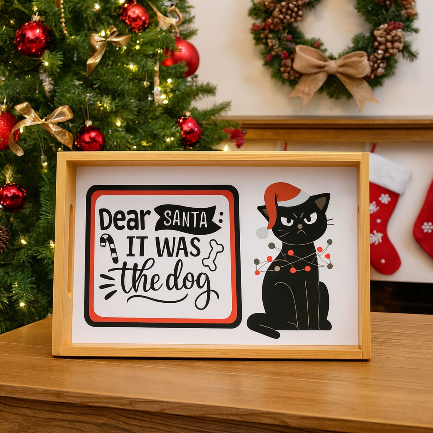 Funny Cat Wood Serving Tray | Christmas & Holiday Party Platter