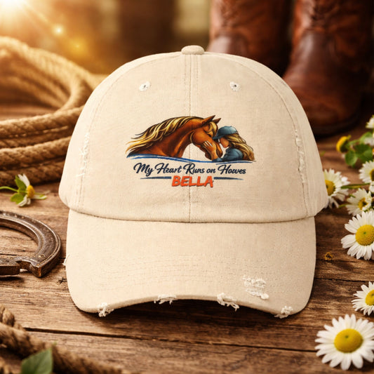 Custom Name Distressed Horse Cap – My Heart Runs on Hooves Hat for Women
