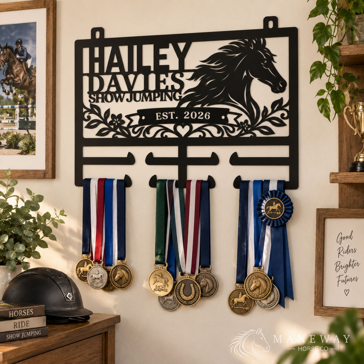 Personalized Equestrian Ribbon Holder Metal Sign, Horse Show Ribbon Display